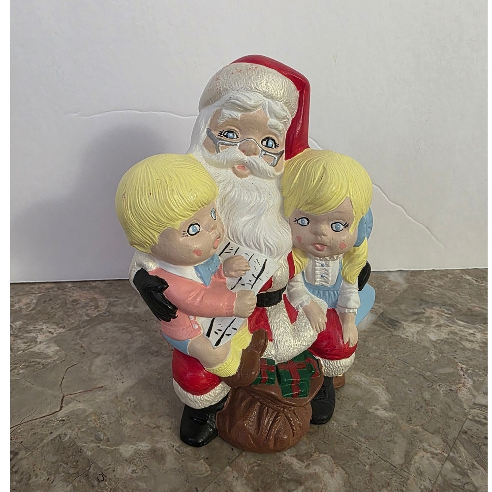 Vintage Ceramic Santa Claus Figurine with Children and Gift Bag Christmas Decor